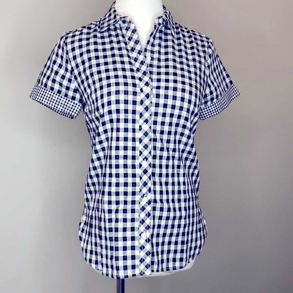 Navy & white gingham check short sleeve button-up